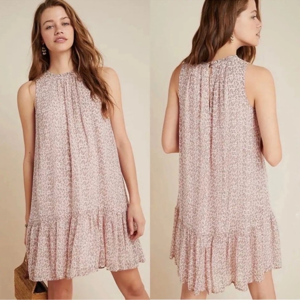 Anthropologie Natalie Flounced Hem Tunic Dress Size XS Pink Printed
